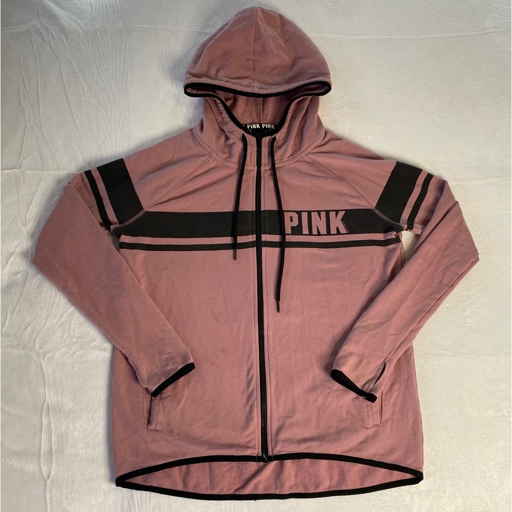 Victoria Secret PINK zippered hoodie in pink and black with thumb holes